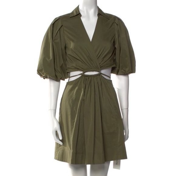 Jonathan Simkhai Dresses & Skirts - Jonathan Simkhai Olive Green Cutout Ring Mini Dress Puff Sleeve XL